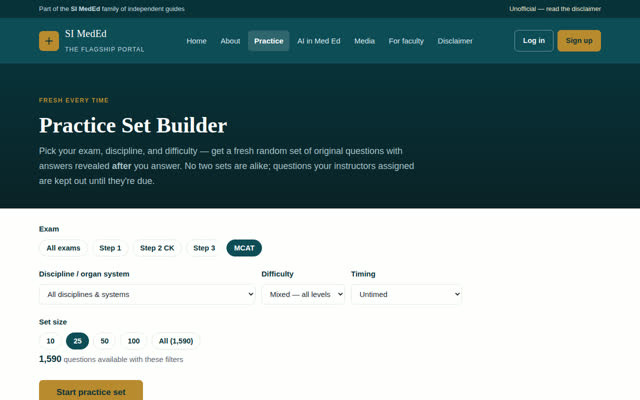 Practice Set Builder filtered to the MCAT showing 1,590 questions available