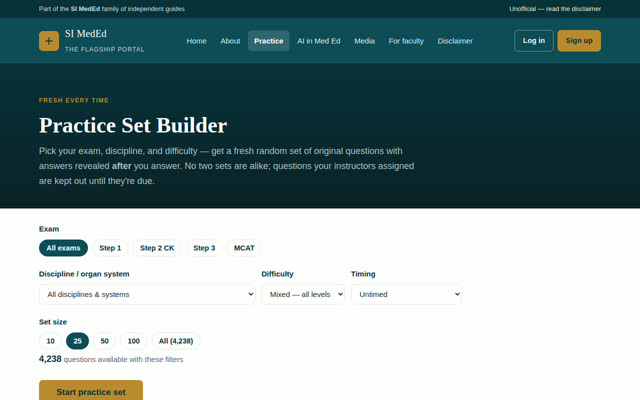 The Practice Set Builder showing 4,238 questions available with exam filters