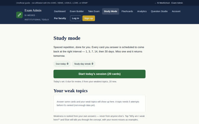 Study mode with spaced-repetition scheduling and weak-topics tracking