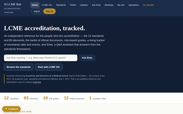 The SI LCME Hub: 12 standards, 83 elements, tracked